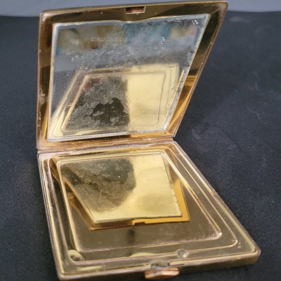 Women's Vintage Compact Makeup Mirror Jeweled Gold Hinged Folding 4" x 3" - Picture 7 of 9